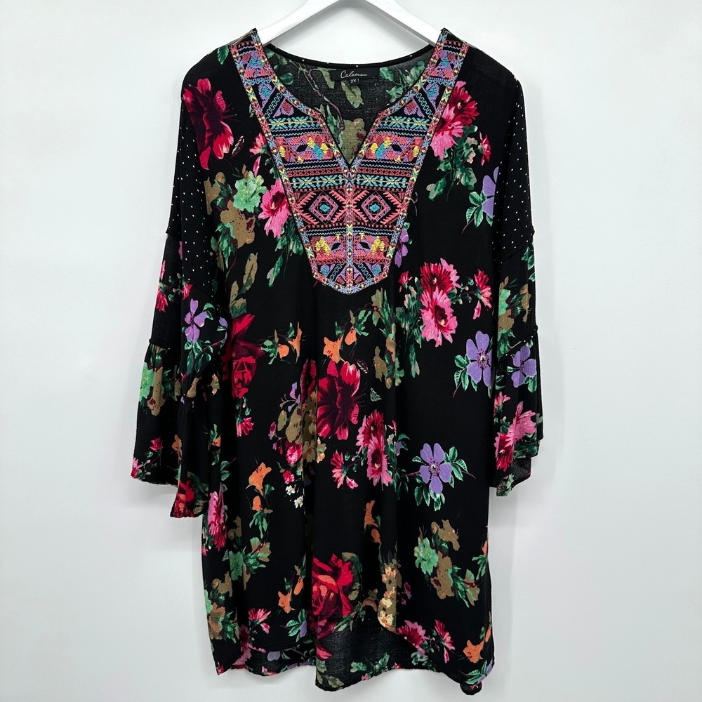 Calessa Tunic Top Shirt Blouse Size 2X Embroidered Hi Low 3/4 Bell Sleeve Boho
